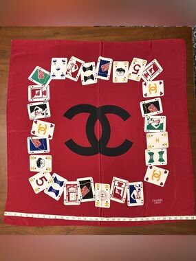Vintage Chanel Playing Card Poker Themed Burgundy Black Silk Scarf